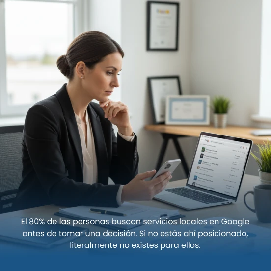 Ejecutiva revisa estrategias digitales mostrando la importancia del SEO local para posicionar servicios en Google.